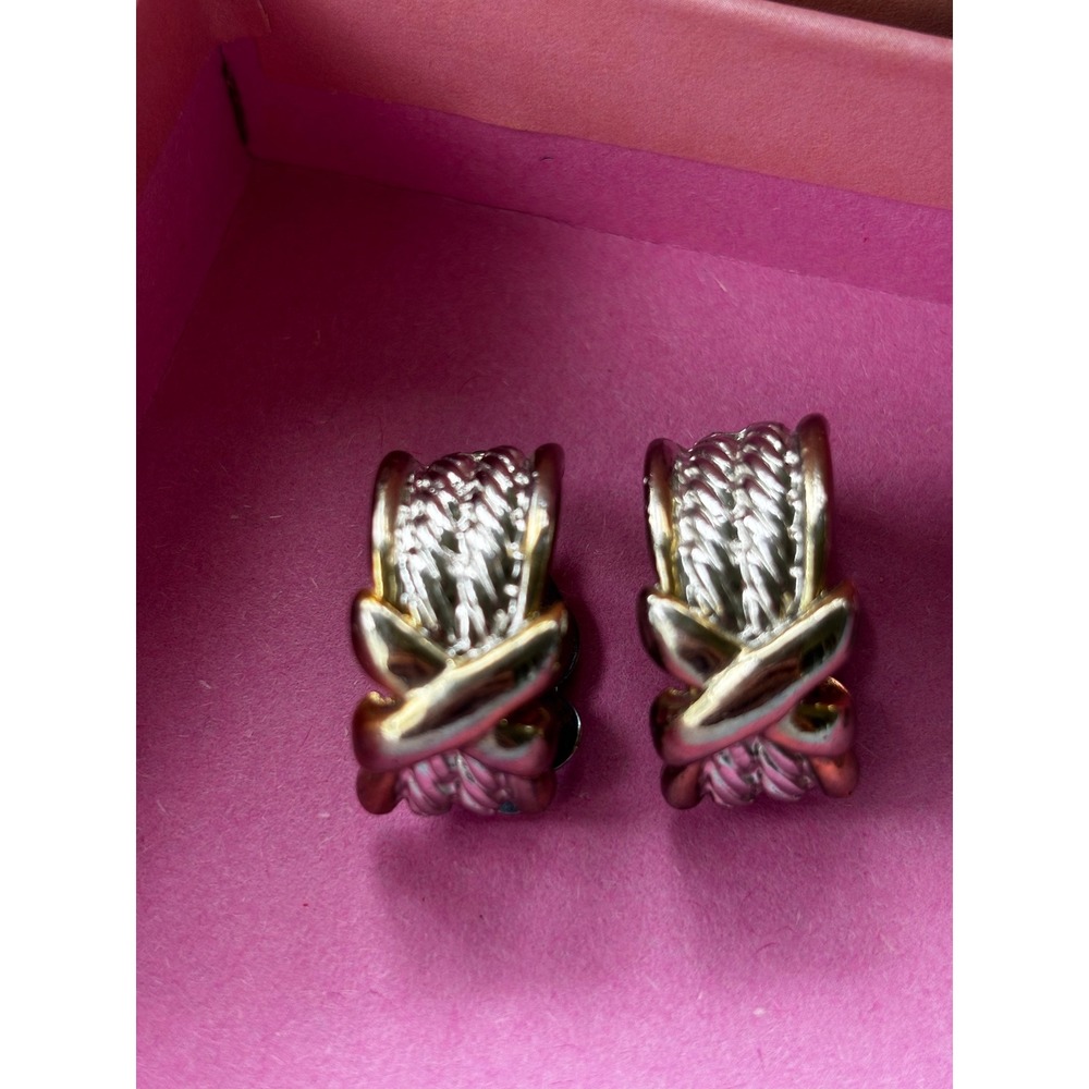 Vintage Earrings Gold Silver Two Tone Clip On Huggie X Cross Textured